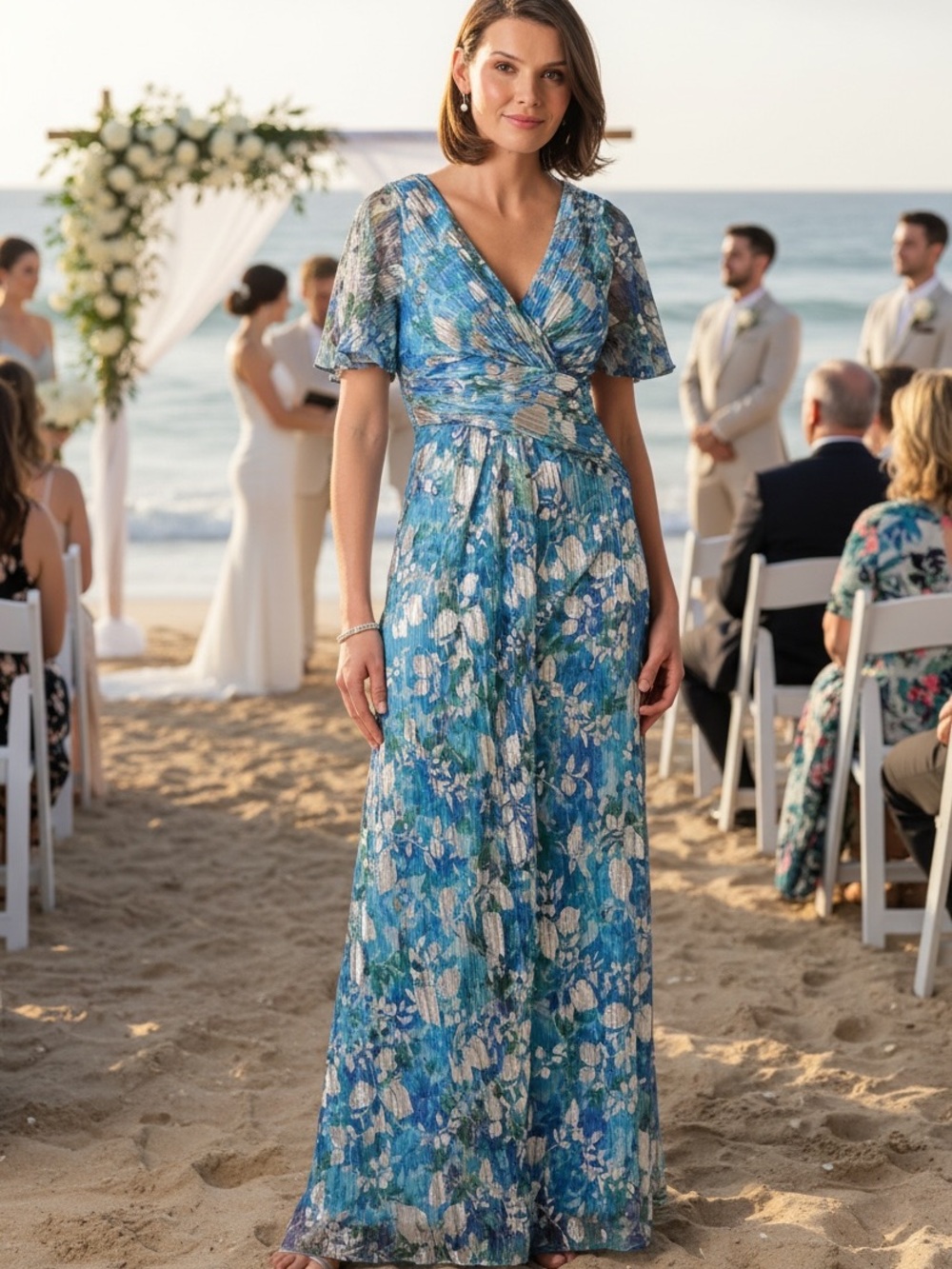 Women's V-Neck Foil Crinkle Gown